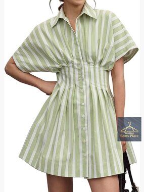 Button Front Pleated Shirt Dress Mini Short Sleeve Summer Casual